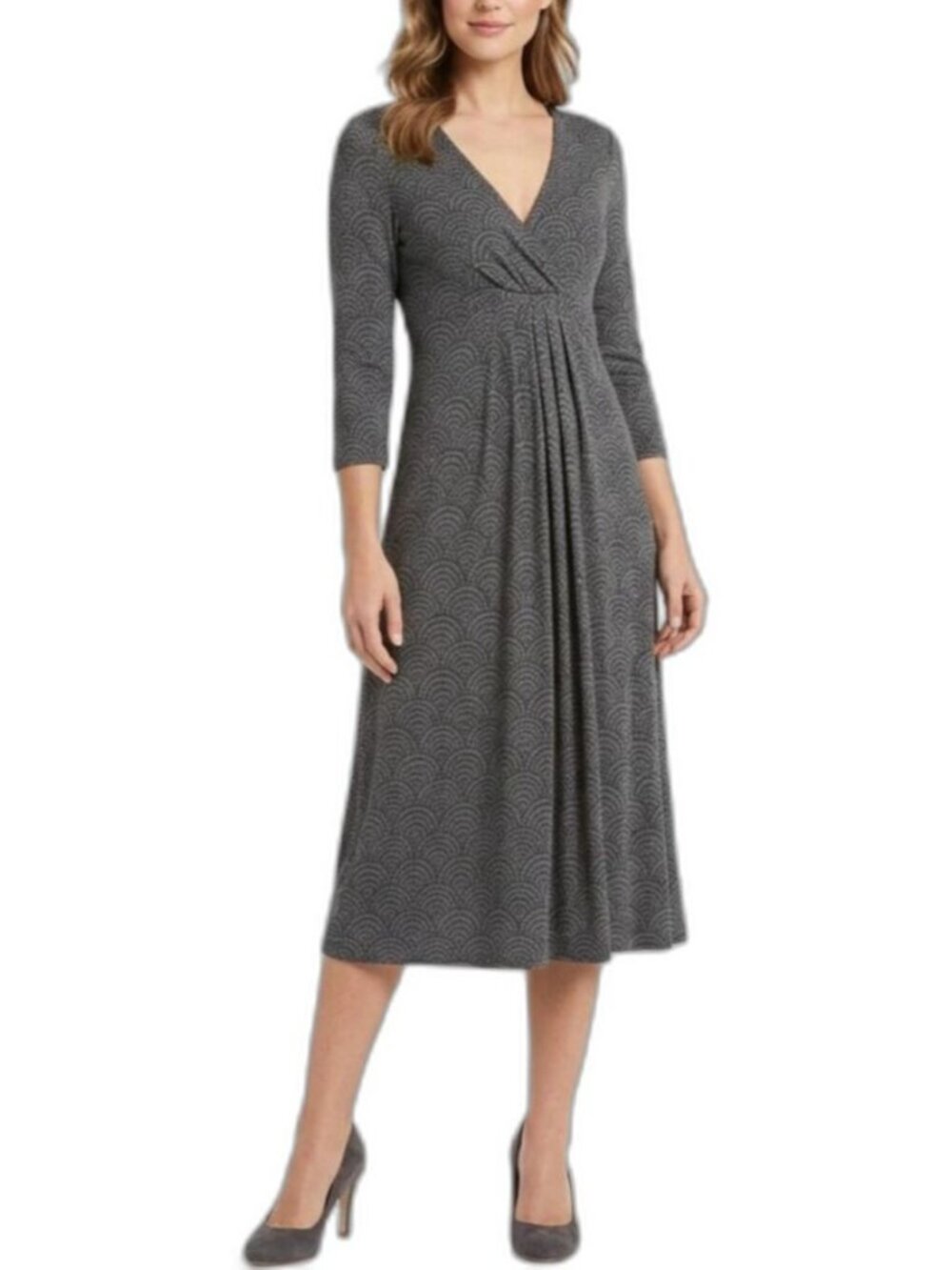BODEN Floaty Jersey Knit Midi Dress Gray Black Fan Print V-Neck Size 6 Long